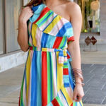 Aura  Rainbow Stripe One Shoulder‎ Ruffle Colorful Party Beachy Dress L Photo 0