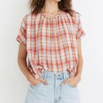 Madewell  Plaid Shirred Neck Boxy Top Cotton Short Sleeve Orange Oversized XXS Photo 0