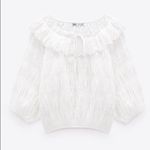 ZARA NWT  Women Off White Textured Tie Eyelet 3/4 Sleeve Slight Cropped Top Sz M Photo 2