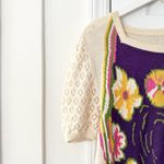 Vintage Hand Knit Square Neck Pointelle Puff Sleeve Floral Print Sweater Large Photo 2