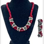 ELEGANT Red Crimson Glass Bead Silver Rhinestone Necklace‎ And Bracelet Set Photo 1