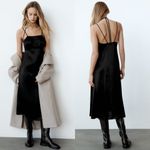ZARA  MIDI SLIP SATIN DRESS Straight Neck w/ Spaghetti Straps Black Size S NEW Photo 1