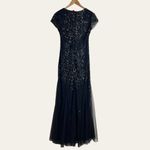 Adrianna Papell  Midnight Blue Sequin Beaded Cap Sleeve V-Neck Formal Gown Photo 12
