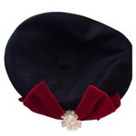French Style Black Beret with Red Bow Pearl Ribbon Bow NWOT Photo 2