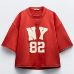 ZARA  NY 82 Varsity Patch Embroidered Distressed Trim Short Sleeve Sweatshirt Tee Photo 2
