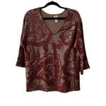Chico's Paisley Print V-Neck 3/4 Sleeve Sweater Top Tan Coral Size 2 Photo 1