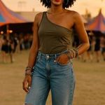 Free People NEW Seamless One Shoulder Bodysuit Slate Grey Medium Large Festival Photo 0