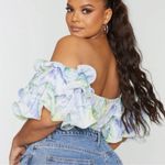 Pretty Little Thing NWT White Floral Ruffle Puff Sleeve Bardot Crop Top 22 Photo 1