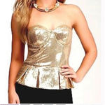 Bebe  Uptown Sequin Peplum Bustier Top Gold Size Small NWT Photo 6