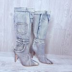 Denim light wash blue jean Raw Edge Pointy Toe Stiletto High Leg Boots 7 pocket Photo 1