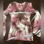 Venus  Boho Gradient Purple Tie-dye Bell Sleeve Front Crochet Tie Bust Blouse XS Photo 3