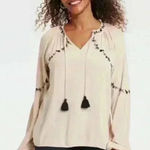 Knox Rose Knox Rose NWT Women’s Gauze Beige Bohemian Embroidered Tassel Top Size M Photo 0