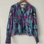 Love the Label L Blue and Pink Floral Ruffle Blouse Size L Photo 0