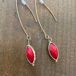 Gold and red bead drop post earrings through the ear‎ Photo 1