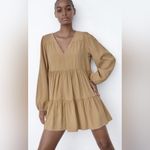 ZARA  Brown Tiered Long Sleeve Babydoll Mini Dress Size Medium Photo 2