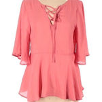 Coral Pink Lace Up Peplum Top Blouse Short Flutter Sleeve Flowy XS X Photo 0