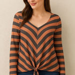 Prómesa Promesa NEW Coral Gray Striped Tie Front Long Sleeve Thermal Top Size L Photo 0