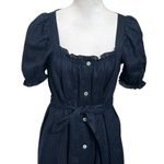 Sleeper Brigitte Linen Midi Dress Navy Size Small Puff Sleeve Tie Waist Classic Blue Photo 2