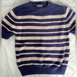 Lands' End  Vintage Short Sleeve Sweater Cream Navy Nautical Coastal Grandma Knit Photo 1