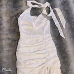 White Satin Asymmetrical Choker Ribbon Bodycon Slit Maxi Evening Wedding Dress Photo 6