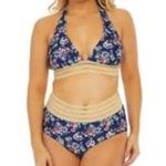 Nicole Miller  Navy Floral Metallic Shimmer High Waisted Bikini Swimsuit Medium Photo 0