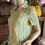 VINTAGE 1960'S DEAD STOCK ORANGE, BLUE & PINK STRIPES & FLORAL HOUSE DRESS NWT S Yellow Photo 8