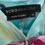 BCBGMAXAZRIA  Silk Y2K Teal Print Pink Bow Ruffled Zip Side Spag Strap Dress 10 Photo 8