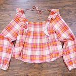 Free People • Siena Plaid Pullover top blouse orange pink smocked peasant Photo 12