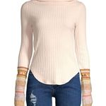 Free People  Women’s Size S Pale Peach Pink Mixed Up Cuff Thermal Turtleneck Top Photo 0