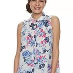 Elle pink blue floral ruffle placket sleeveless button down size medium Photo 0
