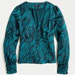 J.Crew  Emerald Green Zebra Satin V Neck Puff Sleeve Blouse Size 6 Animal Print Photo 2