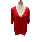 Alya  Red Blouse With V-Neck and 3/4in Bell Sleeve with Filagree Lace Pattern Dow Photo 7
