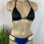 Victoria's Secret Victoria’s Secret Black Blue & Ivory Crochet Triangle Slide 2 Piece Bikini S Photo 0