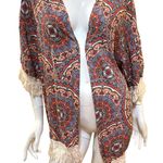 No Boundaries  Blue Peach Orange Fringe Paisley Boho Elephant Floral Jacket Photo 5