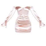 Pretty Little Thing  Dusty Pink Bardot Satin Mesh Insert Ruched Bodycon Mini Dress Photo 3