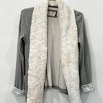 Anthropologie  Ambrose Knit Jacket Gray Cream Cardigan Plush Collar Size Medium Photo 0