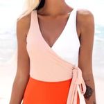 Cupshe NWT  One Piece Bowknot Swimsuit Womens XL Orange White Colorblock Retro Photo 0