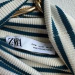 ZARA  Nautical Stripe Teal Blue Ribbed Turtleneck Size Medium Lightweight Stretch Photo 1