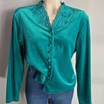 VINTAGE 90s Together Teal Velvet Blouse With lace Embroidery collared Green Size L Photo 0