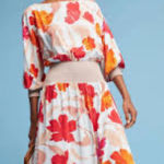 Maeve Anthropologie Dress Gemma Midi 3/4 Sleeve Floral Blue ,Orange ,Red Size M Photo 0