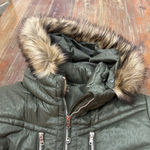 Michael Kors Women's Green Leopard Puffer Jacket with Faux Fur Hood 2X Photo 1