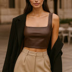 EXPRESS Body Contour Brown Faux Leather Crop Tank Top XL Fall Square Neck Photo 0