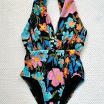 Swim RX Black Multi Floral Plunging Neck Twist Back High Waist One Piece Swim S Photo 0