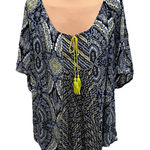 One World One‎ World Blue & Neon Yellow Blouse Pleated Tassel Tie Boho Hippie Photo 0