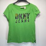 DKNY Jeans Green Y2K Graffiti Logo Tee 100% Cotton Raw Edge Cap Sleeves Large Photo 0
