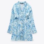 ZARA NEW PRINTED SHIRT DRESS BLUE V NECK RUFFLES LONG SLEEVE WOMENS SIZE S Photo 7