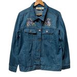 Collections Etc Denim Jacket Floral Embroidered Blue Cotton Long Sleeve Women L Size L Photo 0