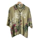 Citron 100% Silk Floral Print Short Sleeve Button Down Blouse Sage Green Medium Photo 1