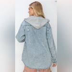 Risen NWT Women's Hooded Oversized Denim Jacket Distressed W/Zip + Button Photo 1