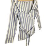 ZARA Off Wide Shoulder Striped Wrap Belted Waist Cotton Top Blouse Blue White XS Photo 4